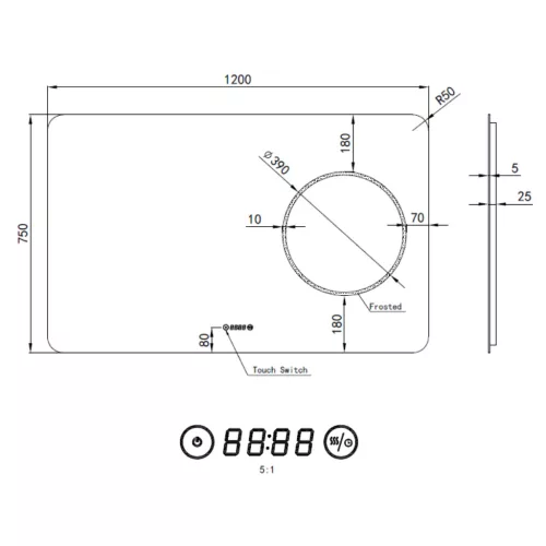 Welland Luxury-Line Golf LED tükör - fényerő + színhőfok állítás + kozmetikai tükör + páramentesítő + óra - 120 x 75 cm