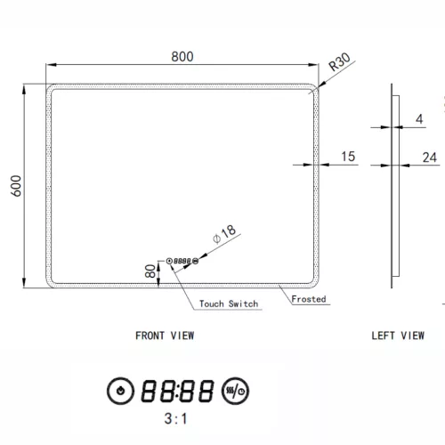 Welland Hugo LED tükör - fényerő + színhőfok állítás + páramentesítő + óra - 80 x 60 cm