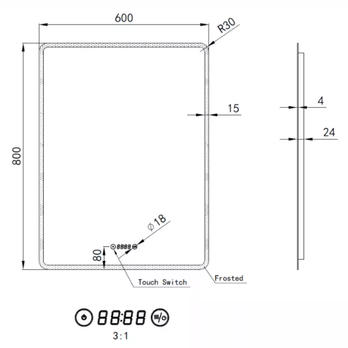 Welland Hugo LED tükör - fényerő + színhőfok állítás + páramentesítő + óra - 60 x 80 cm