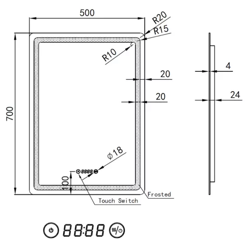 Welland Type-20V LED tükör - fényerő + színhőfok állítás + páramentesítő + óra - 50 x 70 cm