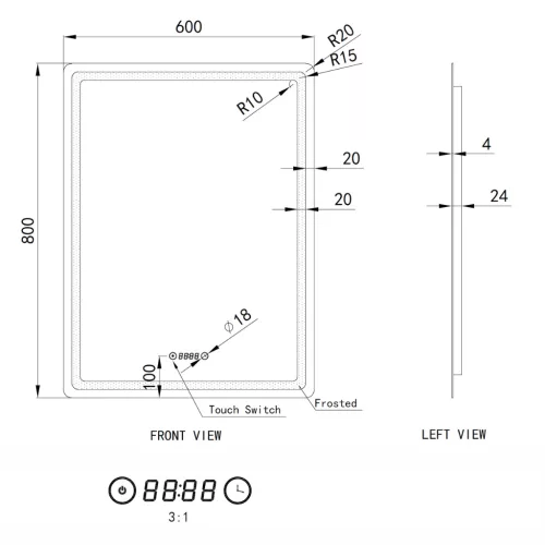 Welland Type-20V LED tükör - fényerő + színhőfok állítás + óra - 60 x 80 cm