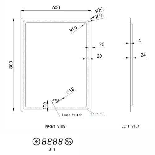 Welland Type-20V LED tükör - fényerő + színhőfok állítás + páramentesítő + óra - 60 x 80 cm