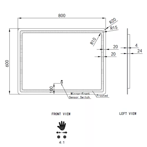 Welland Type-20H LED tükör - fényerő + színhőfok állítás + szenzoros kapcsoló + páramentesítő - 80 x 60 cm