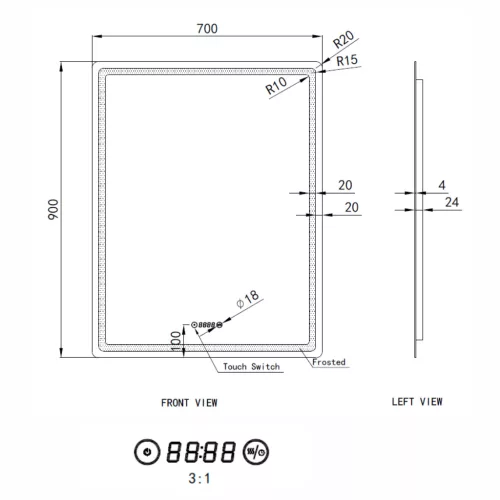Welland Type-20V LED tükör - fényerő + színhőfok állítás + páramentesítő + óra - 70 x 90 cm