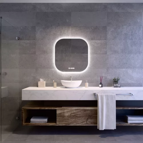 Welland Formia LED tükör - fényerő + színhőfok állítás + páramentesítő + óra - 70 x 70 cm