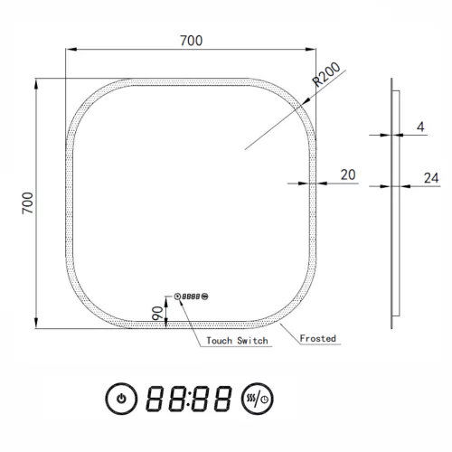Welland Formia LED tükör - fényerő + színhőfok állítás + páramentesítő + óra - 70 x 70 cm