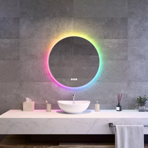 Welland Alpha LED tükör - fényerő + színhőfok állítás + páramentesítő + óra - 16 háttérszín - Ø 70 cm