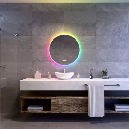 Welland Alpha LED tükör - fényerő + színhőfok állítás + páramentesítő + óra - 16 háttérszín - Ø 70 cm