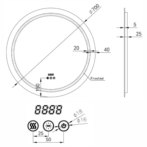 Welland Beta LED tükör - fényerő + színhőfok állítás + óra - Ø 70 cm