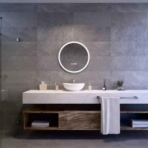 Welland Type-789 LED tükör - fényerő + színhőfok állítás + páramentesítő + óra - Ø 60 cm