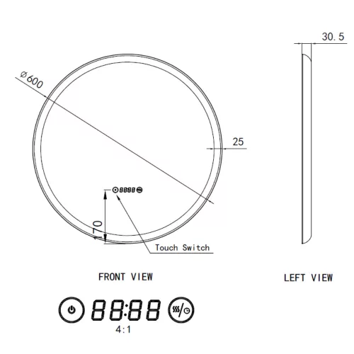 Welland Type-789 LED tükör - fényerő + színhőfok állítás + páramentesítő + óra - Ø 60 cm