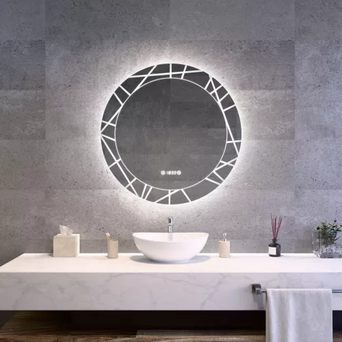 Welland Laser LED tükör - fényerő + színhőfok állítás + páramentesítő + óra - Ø 80 cm