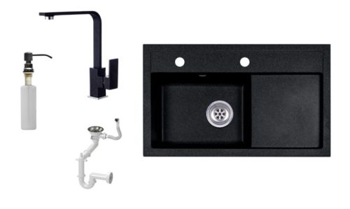 Laneo L725-43C Gránit Mosogató + Design Csap + Szifon + Pumpa (fekete)