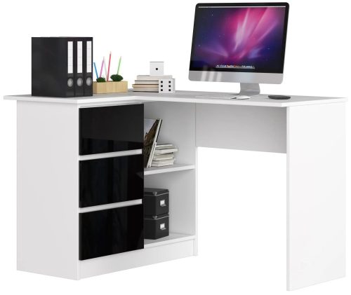 Sarok íróasztal - Akord Furniture - 124 cm - fehér / magasfényű fekete (bal)
