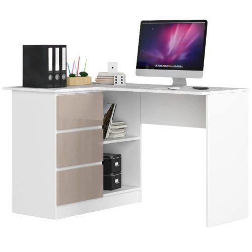 Sarok íróasztal - Akord Furniture - 124 cm - fehér / magasfényű bézs (bal)