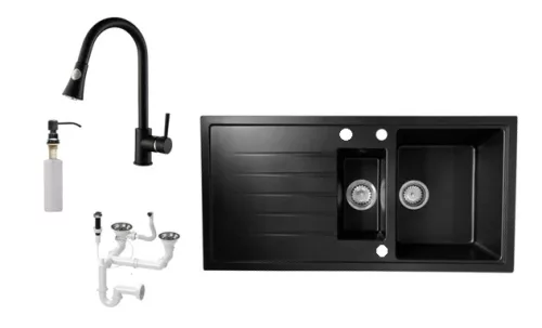 Solarys J995-50C Gránit Mosogató + Kihúzható Csap + Dugóemelő + Adagoló (fekete)