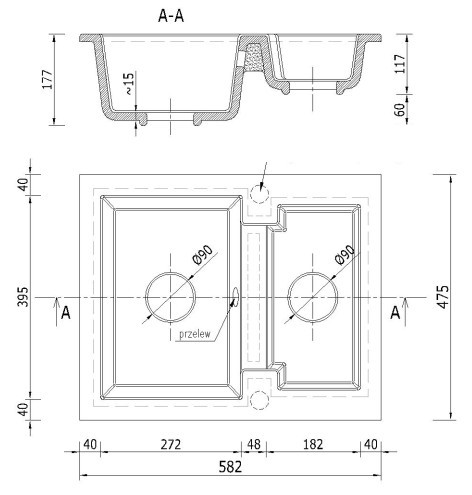 NERO Y582C Gránit Mosogató + Design csap + Adagoló + Szifon (fekete - szemcsés)
