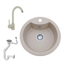 NERO M488B Gránit Mosogató + Csaptelep + Szifon (bézs)