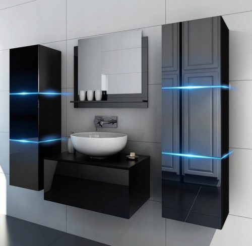 fekete fürdőszobabútor kerámia mosdóval falra szerelhető kivitel