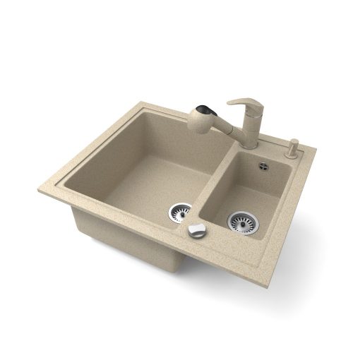 Gránit mosogató NERO Arriva + Kihúzható zuhanyfejes Shower csaptelep + adagoló + dugókiemelő (bézs)