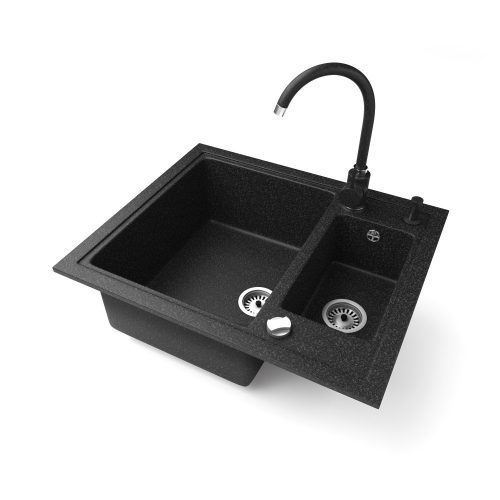 Gránit mosogató NERO Arriva + magasított csaptelep + adagoló + dugókiemelő (fekete)