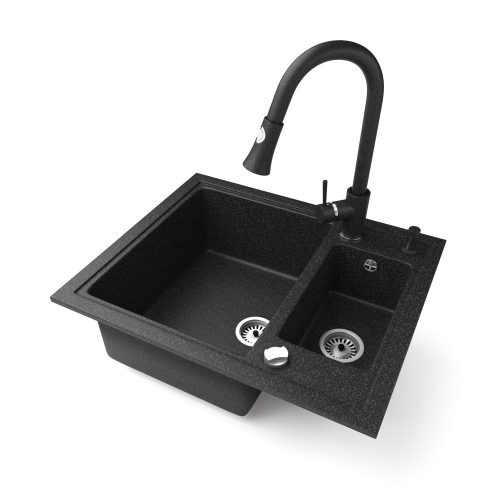 Másfél medencés mosogatótálca szemcsés fekete Shower csapteleppel  adagolóval