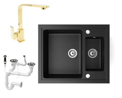 Gránit mosogató NERO Arriva + Design Gold csaptelep + dugókiemelő (matt fekete)