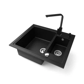   Gránit mosogató NERO Arriva + Design csaptelep + adagoló + dugókiemelő (matt fekete)