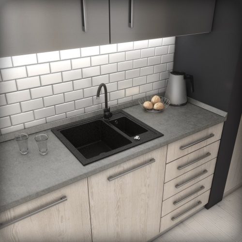 Gránit mosogató NERO Arriva + kihúzható zuhanyfejes Snake csaptelep + dugókiemelő (matt fekete)