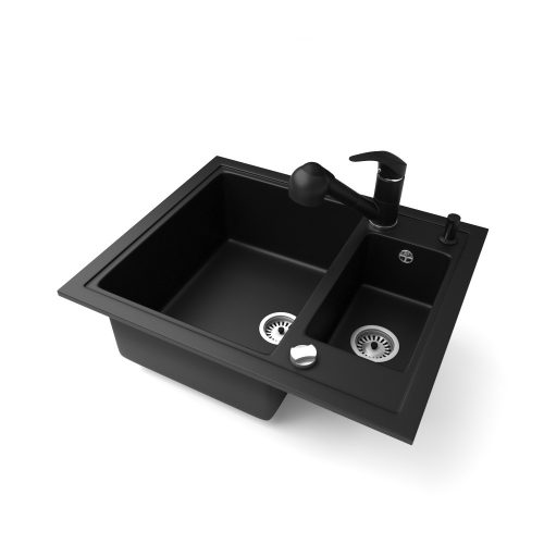 Gránit mosogató NERO Arriva + kihúzható zuhanyfejes Shower csaptelep + adagoló + dugókiemelő (matt fekete)