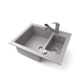   Gránit mosogató NERO Arriva + kihúzható zuhanyfejes Shower csaptelep + dugókiemelő (szürke)