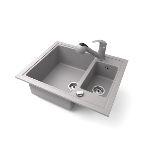 Gránit mosogató NERO Arriva + kihúzható zuhanyfejes Shower csaptelep + dugókiemelő (szürke)