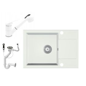   Gránit Mosogató EOS Adria + Kihúzható Shower Csap + Dugóemelő + Szifon (fehér)