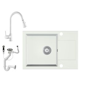 Gránit Mosogató Adria Kihúzható Snake Csapteleppel  Dugóemelővel fehér színben