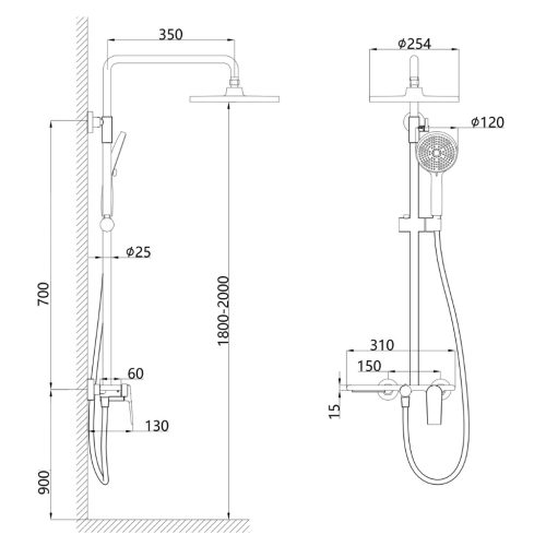 Welland 9003 3 funkciós zuhanyrendszer zuhanycsapteleppel (fekete)