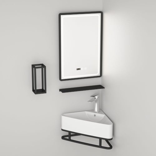 Sarok fürdőszobabútor szett mosdókagylóval és tükörrel