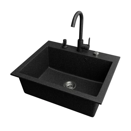 Gránit mosogató NERO Piazza-60 + magasított csaptelep + adagoló (fekete)