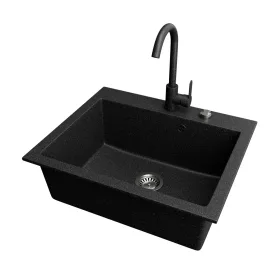 Gránit mosogató NERO Piazza-60 + magasított csaptelep + adagoló (fekete)