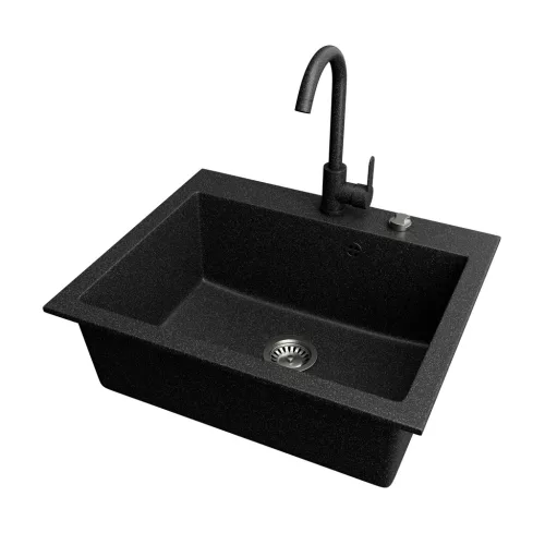 Gránit mosogató NERO Piazza-60 + magasított csaptelep + adagoló (fekete)