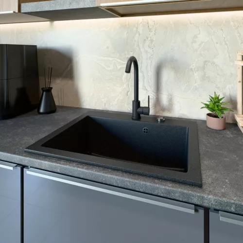 Gránit mosogató NERO Piazza-60 + magasított csaptelep + adagoló (fekete)