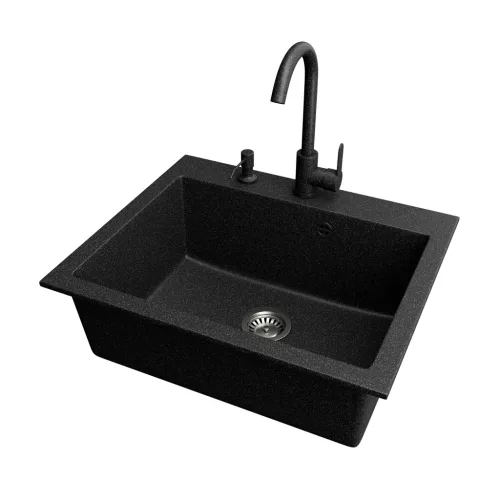 Gránit mosogató NERO Piazza-60 + magasított csaptelep + adagoló (fekete)