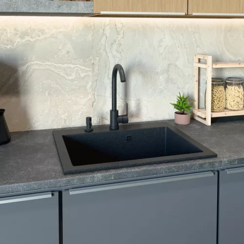 Gránit mosogató NERO Piazza-60 + magasított csaptelep + adagoló (fekete)