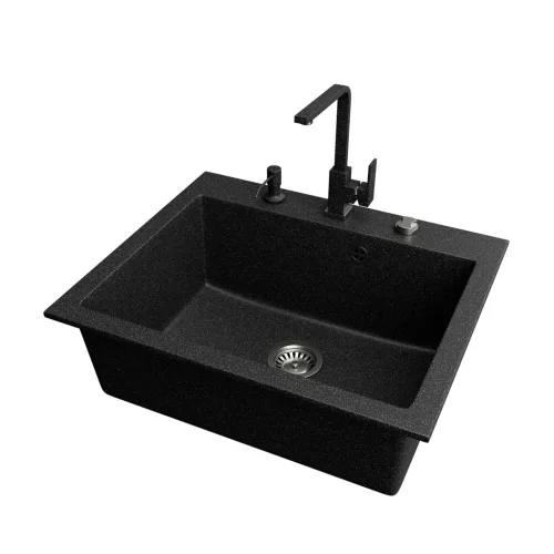 Gránit mosogató NERO Piazza-60 + magasított csaptelep + adagoló (fekete)