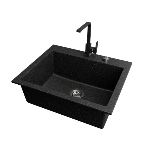 Gránit mosogató NERO Piazza-60 + magasított csaptelep + adagoló (fekete)