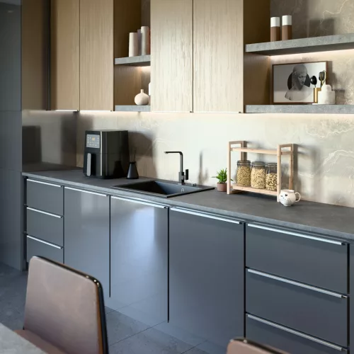 Gránit mosogató NERO Piazza-60 + magasított csaptelep + adagoló (fekete)