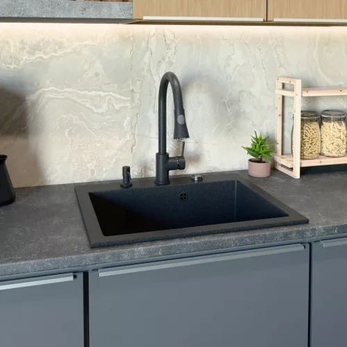Gránit mosogató NERO Piazza-60 + magasított csaptelep + adagoló (fekete)