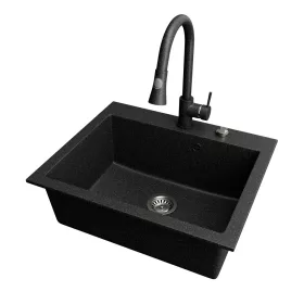 Gránit mosogató NERO Piazza-60 + magasított csaptelep + adagoló (fekete)