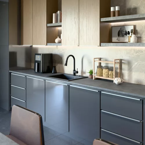 Gránit mosogató NERO Piazza-60 + magasított csaptelep + adagoló (fekete)