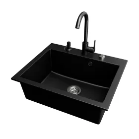 Gránit mosogató NERO Piazza-60 + magasított csaptelep + adagoló (fekete)