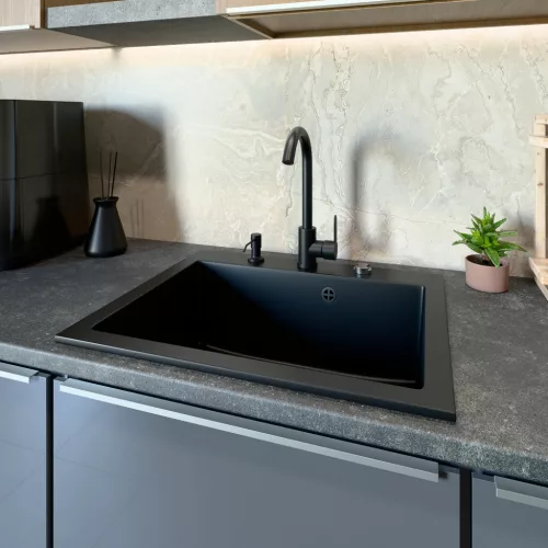 Gránit mosogató NERO Piazza-60 + magasított csaptelep + adagoló (fekete)